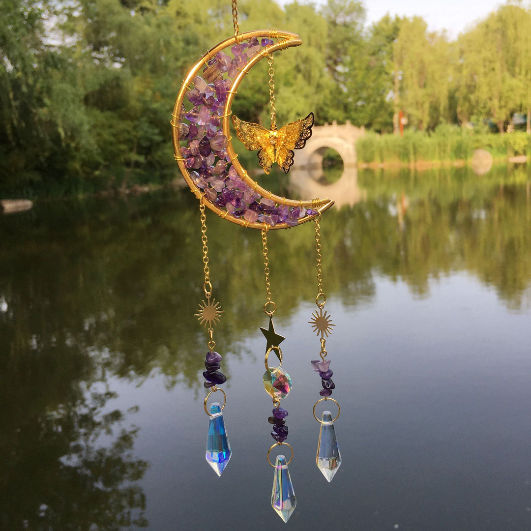 Carillon éolien en cristal naturel avec motif lune et papillon Olivenorma