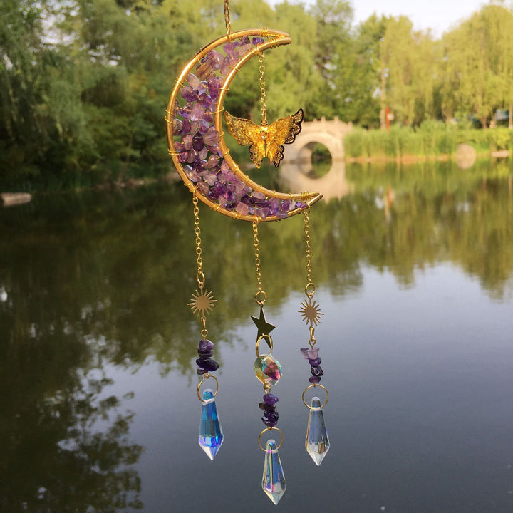 Carillon éolien en cristal naturel avec motif lune et papillon Olivenorma