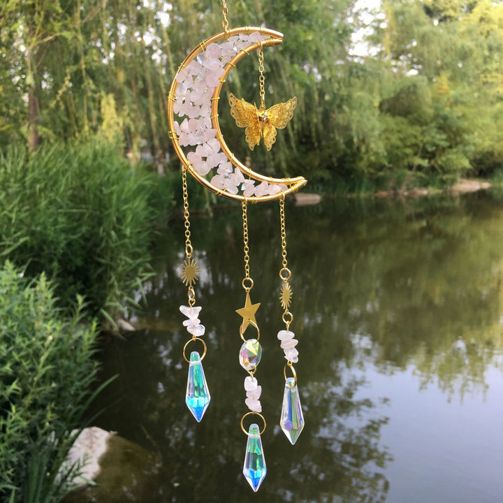 Carillon éolien en cristal naturel avec motif lune et papillon Olivenorma