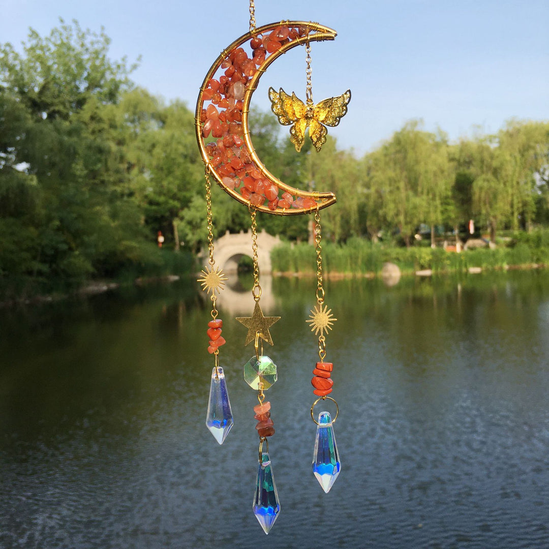 Carillon éolien en cristal naturel avec motif lune et papillon Olivenorma