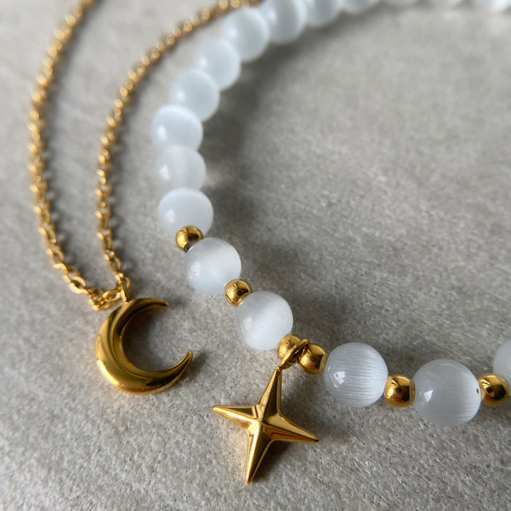 Bracelet Olivenorma en pierre œil de chat, lune et étoile