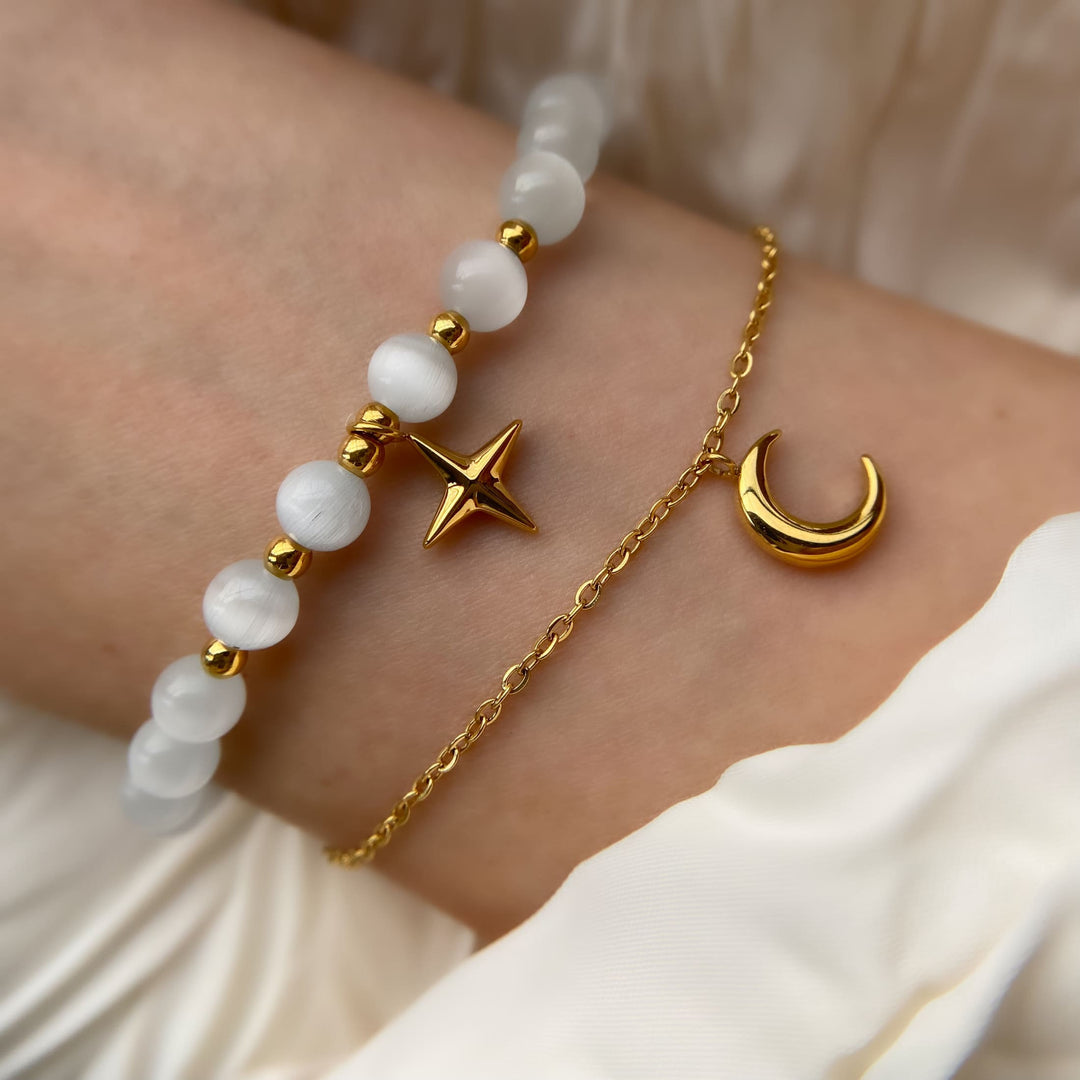 Bracelet Olivenorma en pierre œil de chat, lune et étoile