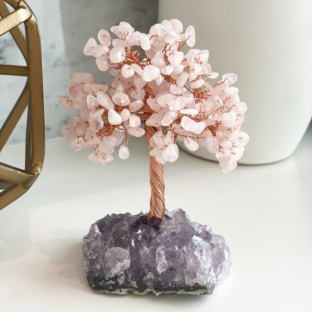 Arbre de vie en quartz rose Olivenorma avec base en améthyste Arbre Feng Shui