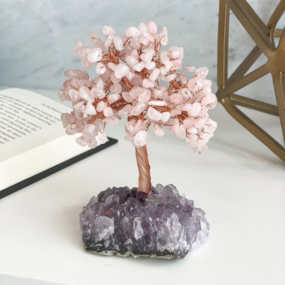 Arbre de vie en quartz rose Olivenorma avec base en améthyste Arbre Feng Shui