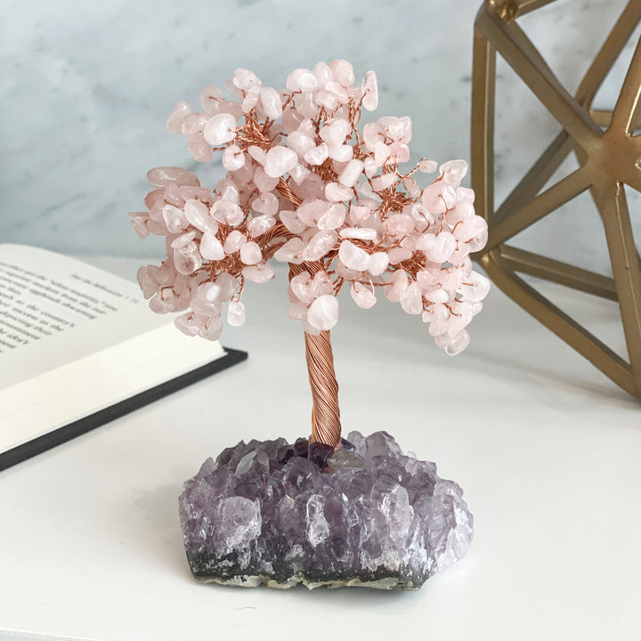 Arbre de vie en quartz rose Olivenorma avec base en améthyste Arbre Feng Shui
