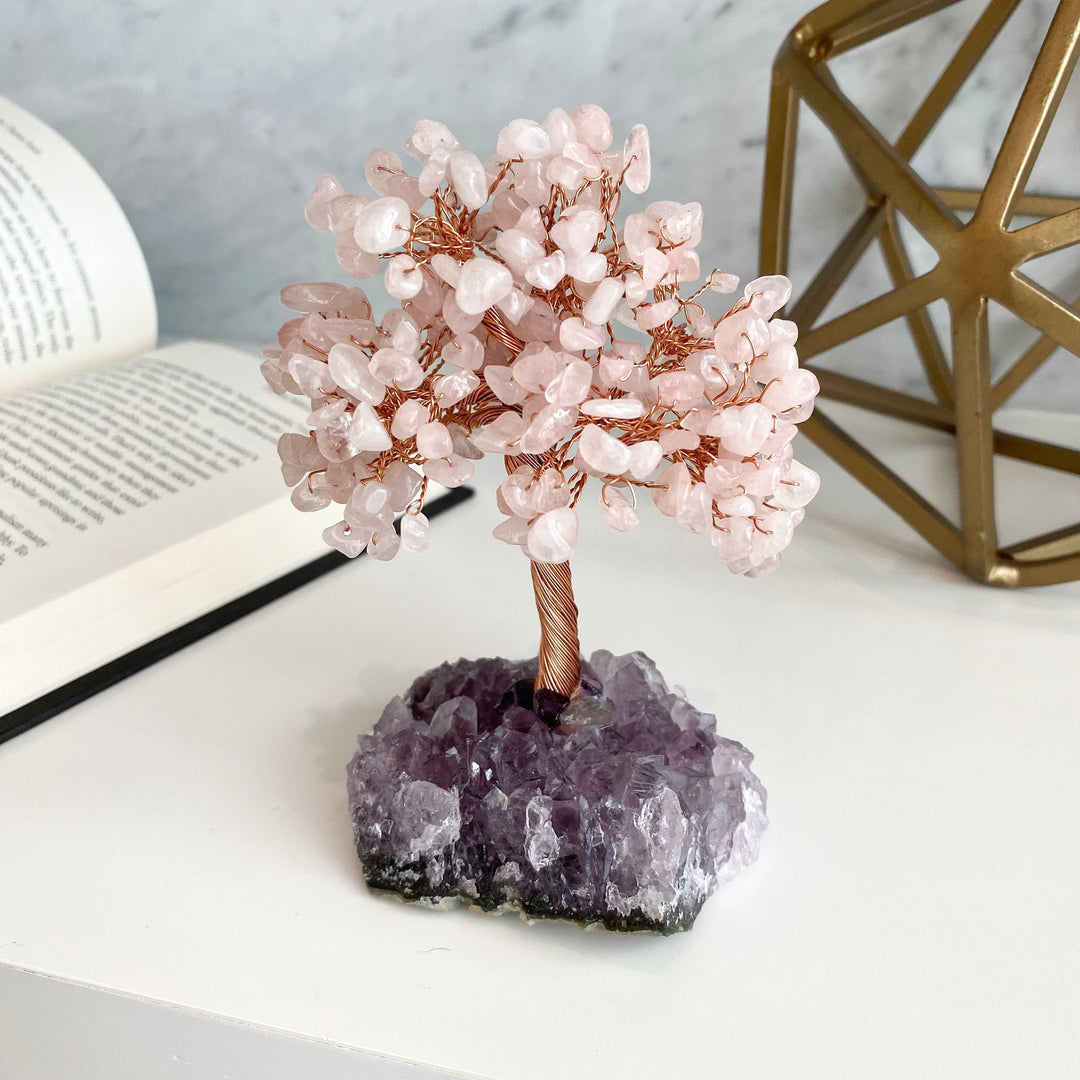 Arbre de vie en quartz rose Olivenorma avec base en améthyste Arbre Feng Shui