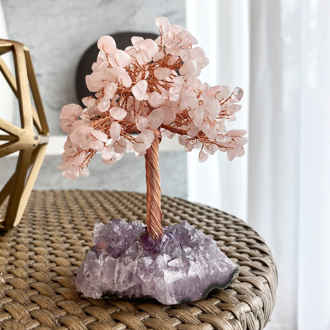 Arbre de vie en quartz rose Olivenorma avec base en améthyste Arbre Feng Shui