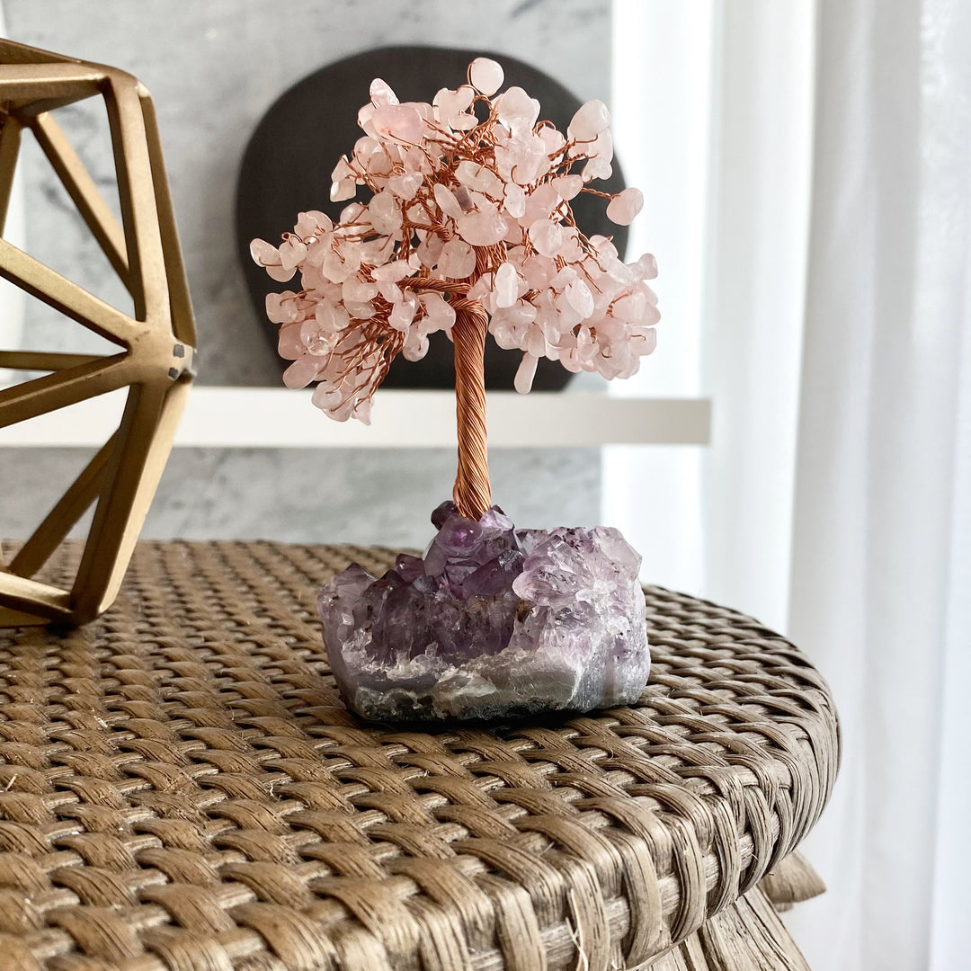 Arbre de vie en quartz rose Olivenorma avec base en améthyste Arbre Feng Shui