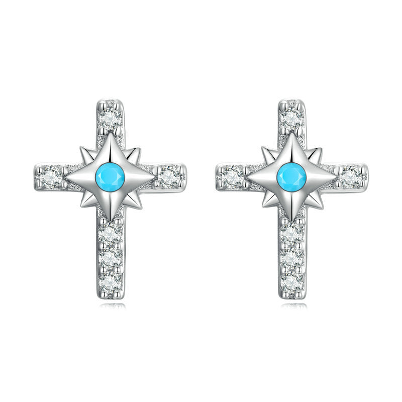 Boucles d'oreilles à tige en forme de croix solaire et mauvais œil turquoise Olivenorma