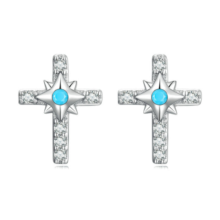 Boucles d'oreilles à tige en forme de croix solaire et mauvais œil turquoise Olivenorma