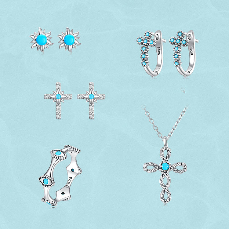 Boucles d'oreilles à tige en forme de croix solaire et mauvais œil turquoise Olivenorma