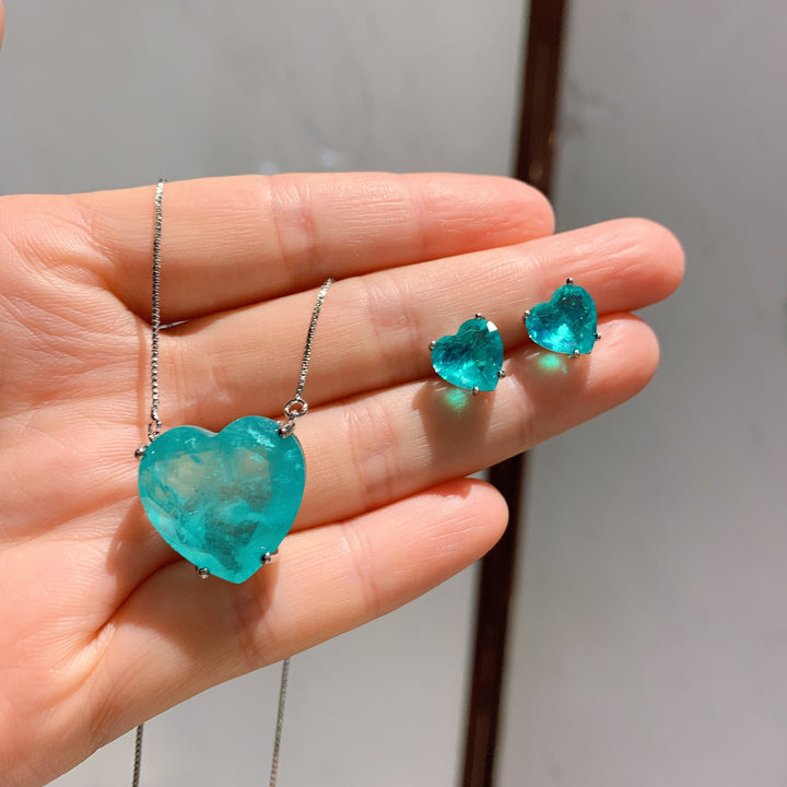 Collier et boucles d'oreilles en tourmaline Paraiba en forme de cœur Olivenorma