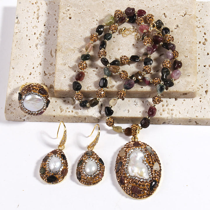 Ensemble de bijoux en perles d'eau douce morganite et tourmaline Olivenorma