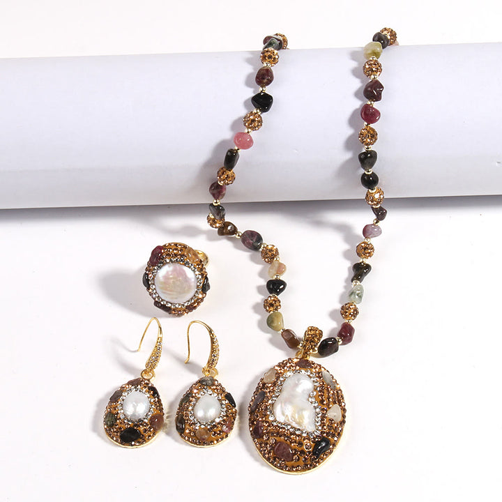 Ensemble de bijoux en perles d'eau douce morganite et tourmaline Olivenorma
