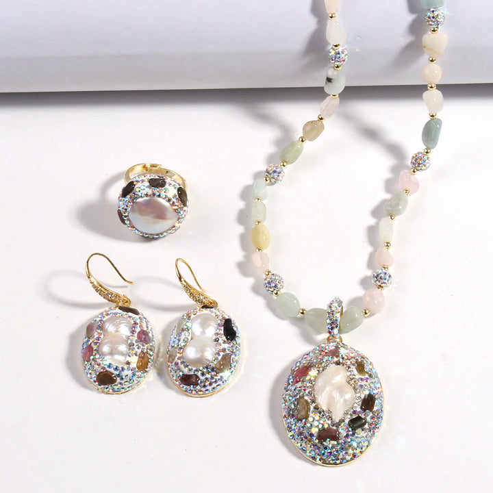 Ensemble de bijoux en perles d'eau douce morganite et tourmaline Olivenorma