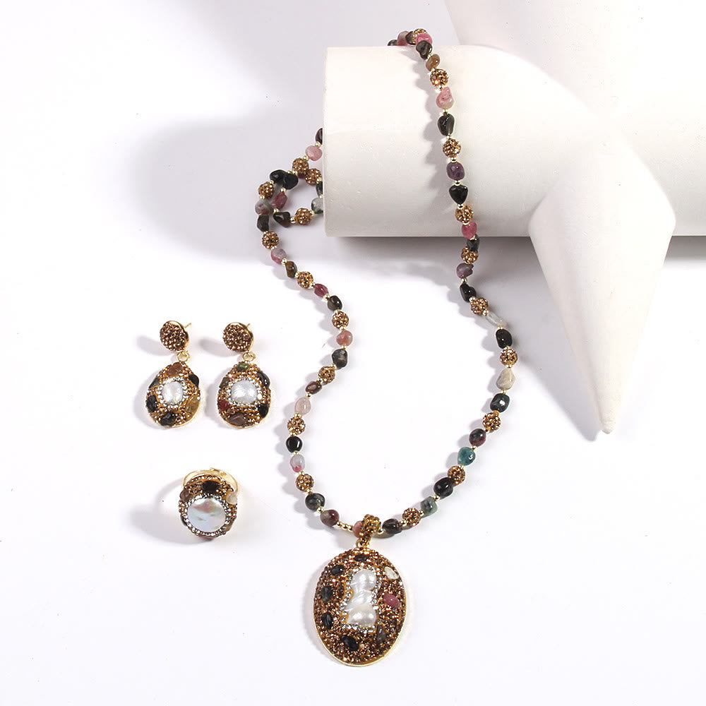 Ensemble de bijoux en perles d'eau douce morganite et tourmaline Olivenorma