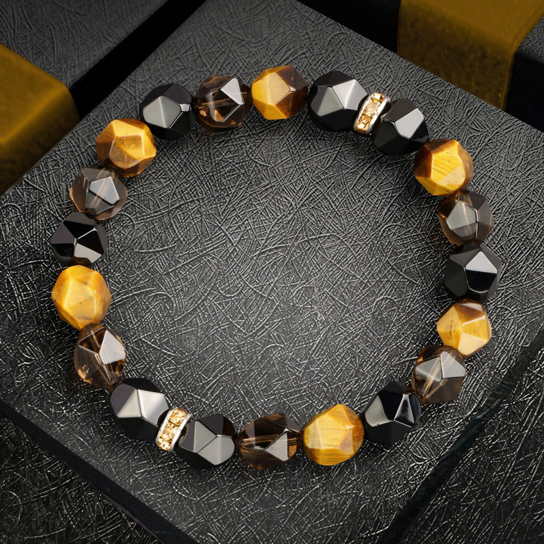 Bracelet Olivenorma pour homme en perles d'onyx noir et œil de tigre à facettes