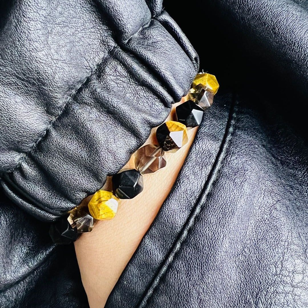 Bracelet Olivenorma pour homme en perles d'onyx noir et œil de tigre à facettes