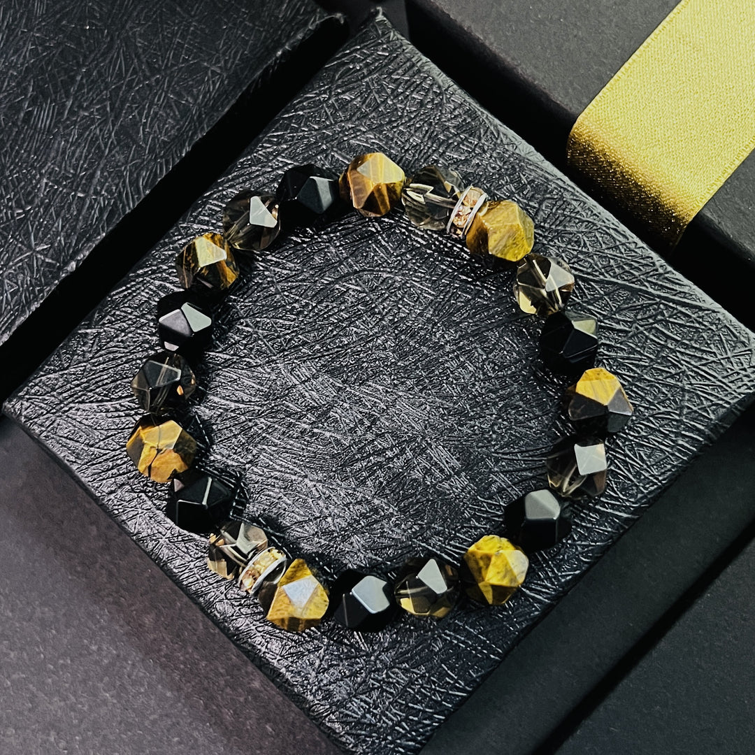 Bracelet Olivenorma pour homme en perles d'onyx noir et œil de tigre à facettes