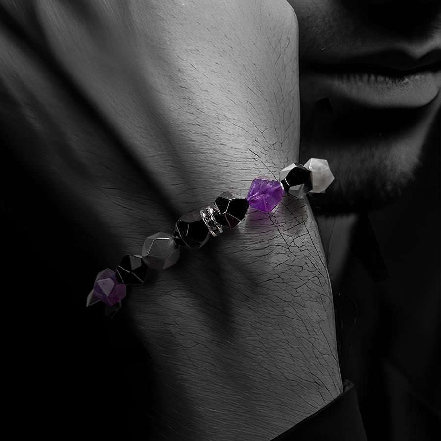 Bracelet Olivenorma pour homme en perles de quartz nuage améthyste à facettes géométriques