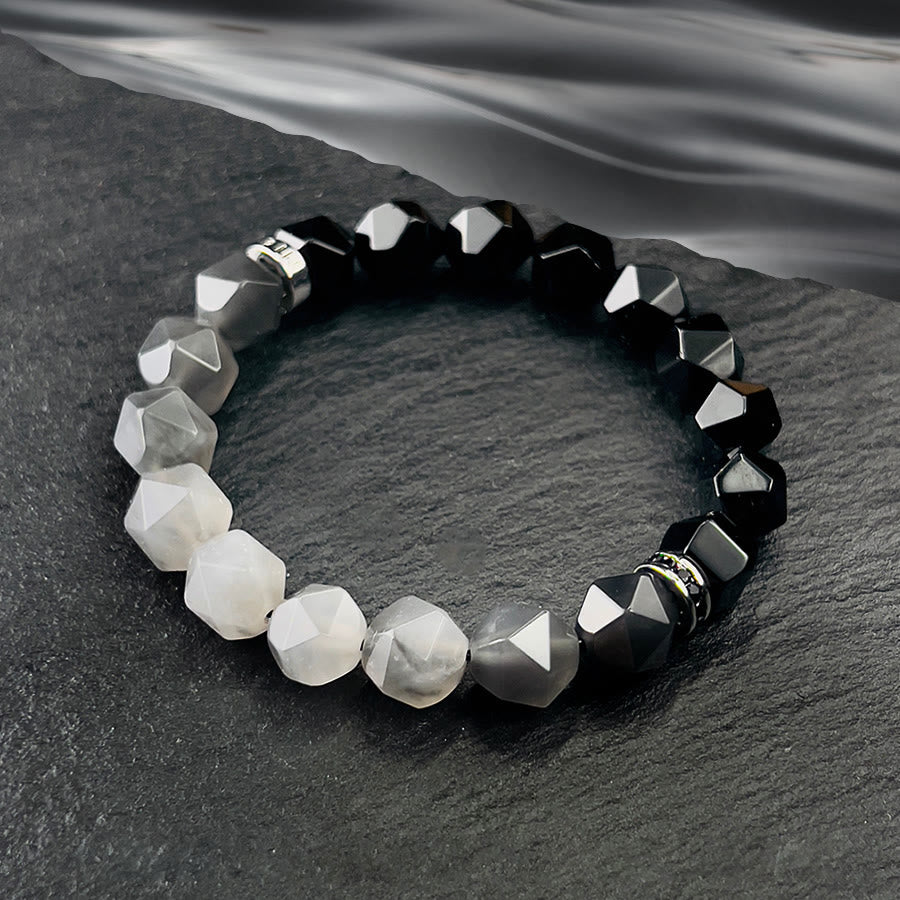 Bracelet en perles de quartz nuage en onyx noir à facettes pour homme Olivenorma