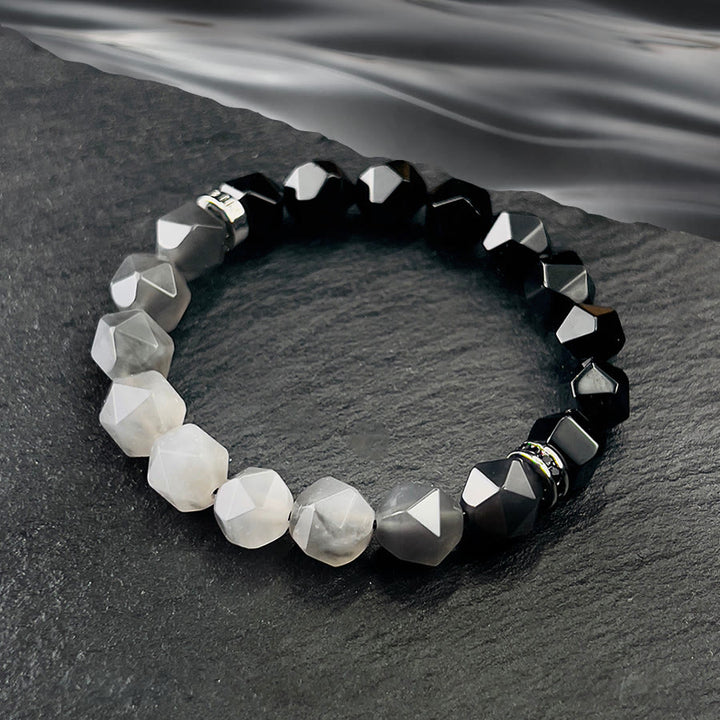 Bracelet en perles de quartz nuage en onyx noir à facettes pour homme Olivenorma