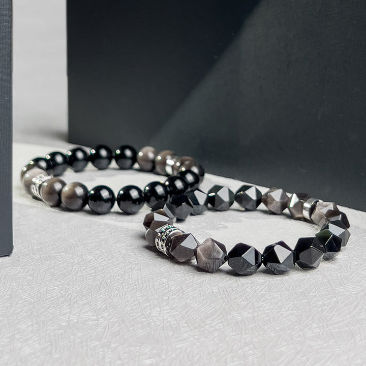 Bracelet en perles d'obsidienne à facettes géométriques pour homme Olivenorma