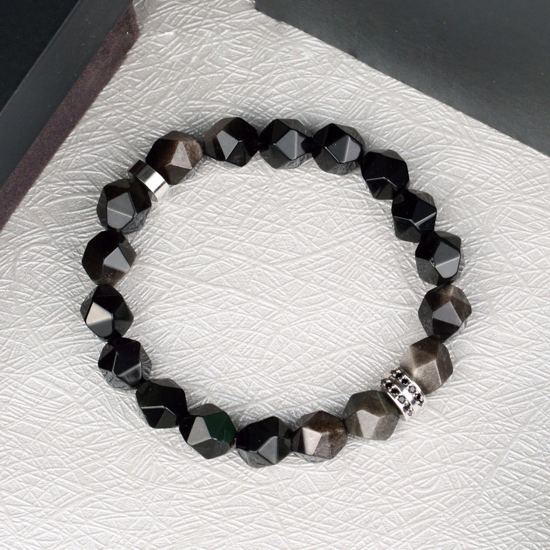 Bracelet en perles d'obsidienne à facettes géométriques pour homme Olivenorma
