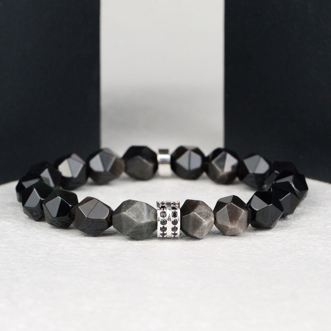 Bracelet en perles d'obsidienne à facettes géométriques pour homme Olivenorma