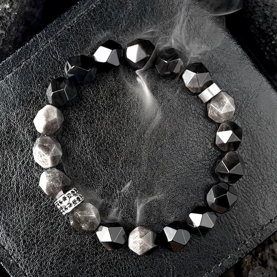 Bracelet en perles d'obsidienne à facettes géométriques pour homme Olivenorma