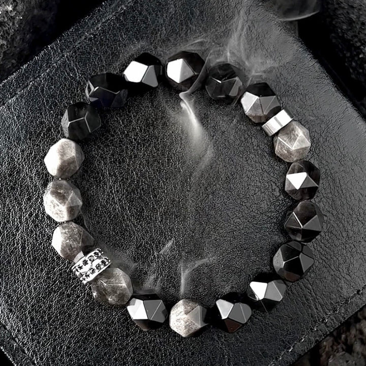 Bracelet en perles d'obsidienne à facettes géométriques pour homme Olivenorma