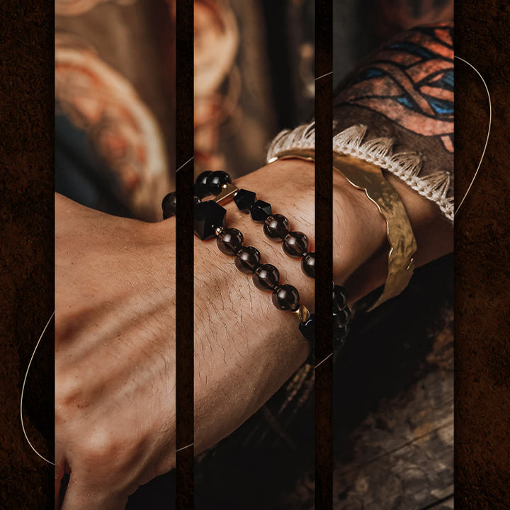 Bracelet en acier titane et perles de quartz fumé en obsidienne pour homme Olivenorma