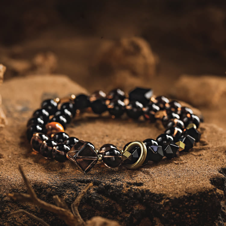 Bracelet en acier titane et perles de quartz fumé en obsidienne pour homme Olivenorma