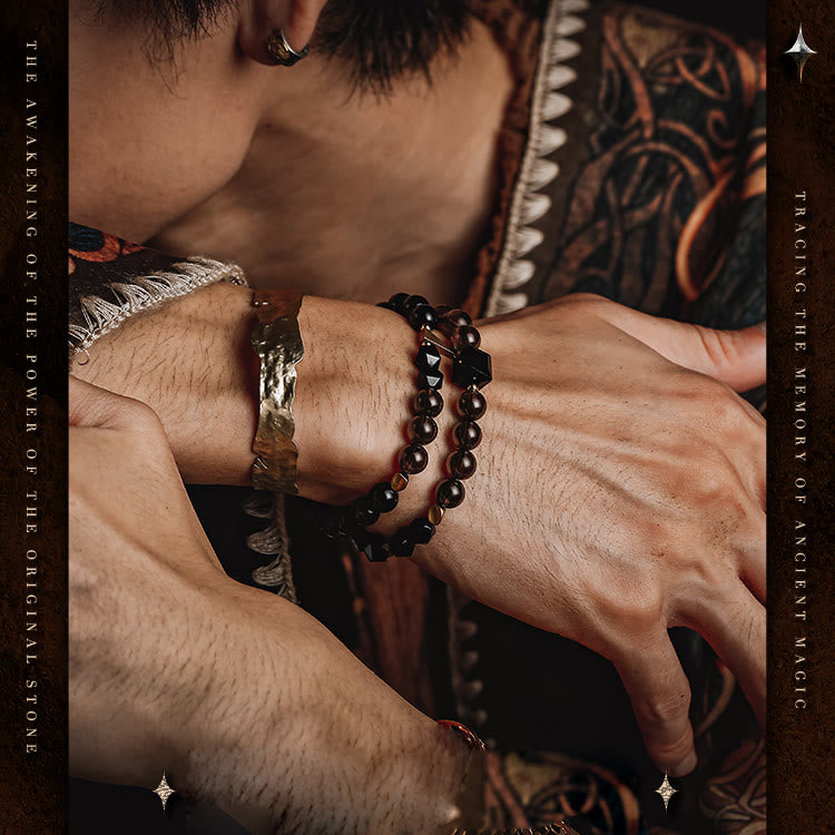 Bracelet en acier titane et perles de quartz fumé en obsidienne pour homme Olivenorma