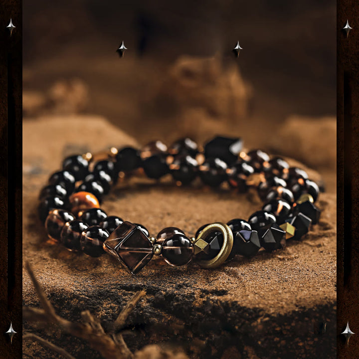 Bracelet en acier titane et perles de quartz fumé en obsidienne pour homme Olivenorma