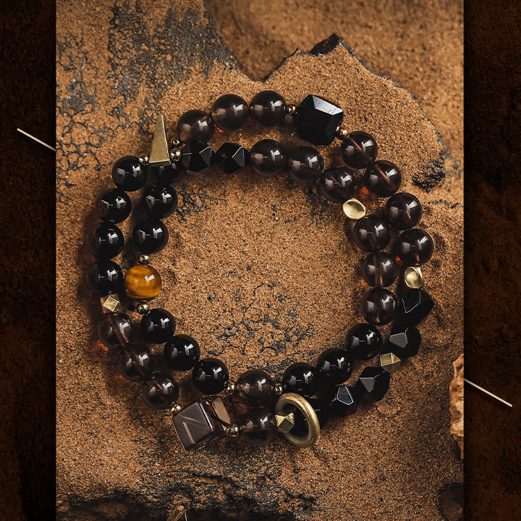 Bracelet en acier titane et perles de quartz fumé en obsidienne pour homme Olivenorma