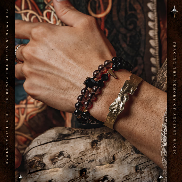 Bracelet en acier titane et perles de quartz fumé en obsidienne pour homme Olivenorma