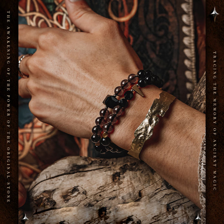 Bracelet en acier titane et perles de quartz fumé en obsidienne pour homme Olivenorma