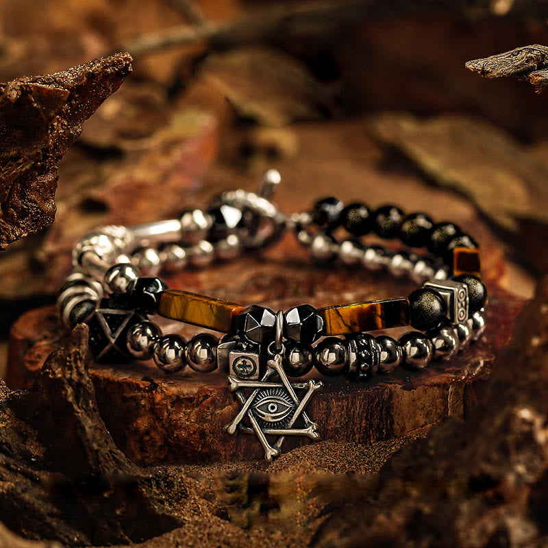 Bracelet en perles d'obsidienne et d'œil de tigre pour homme Olivenorma