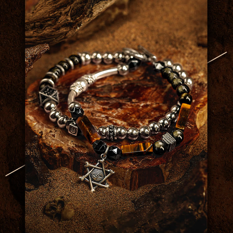 Bracelet en perles d'obsidienne et d'œil de tigre pour homme Olivenorma