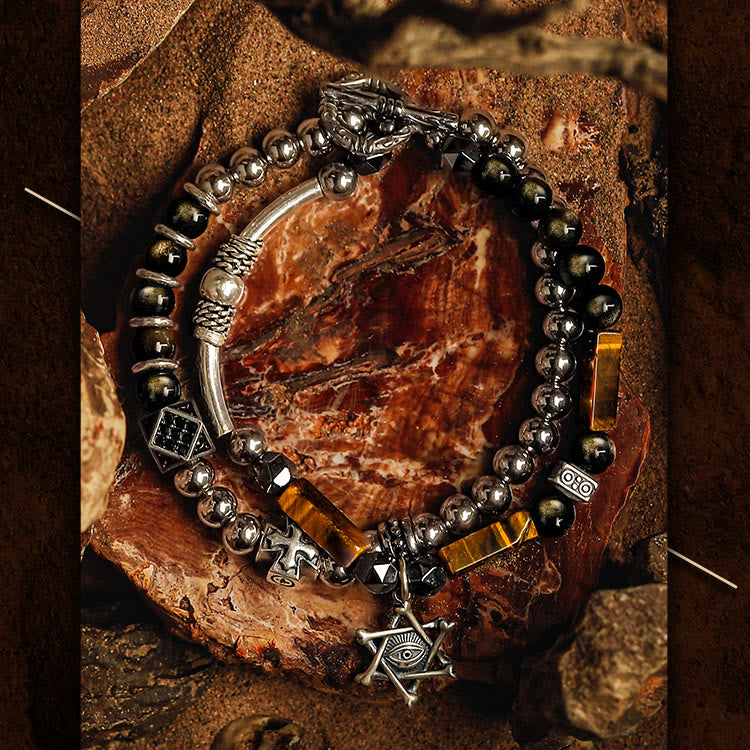 Bracelet en perles d'obsidienne et d'œil de tigre pour homme Olivenorma