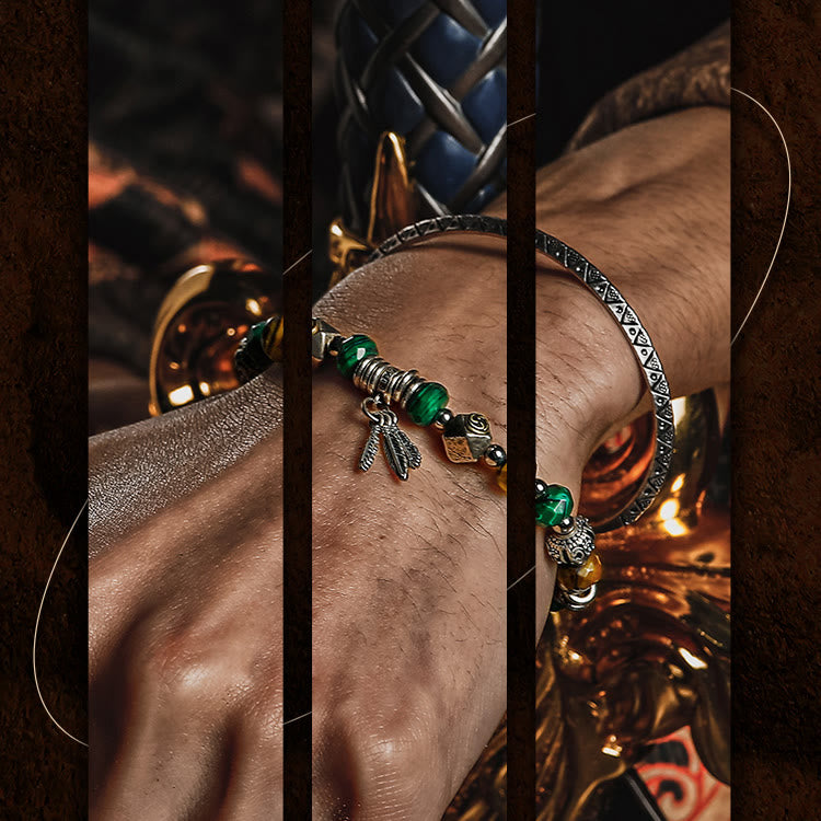 Bracelet Olivenorma pour homme avec pendentif en perles et plumes de malachite et œil de tigre