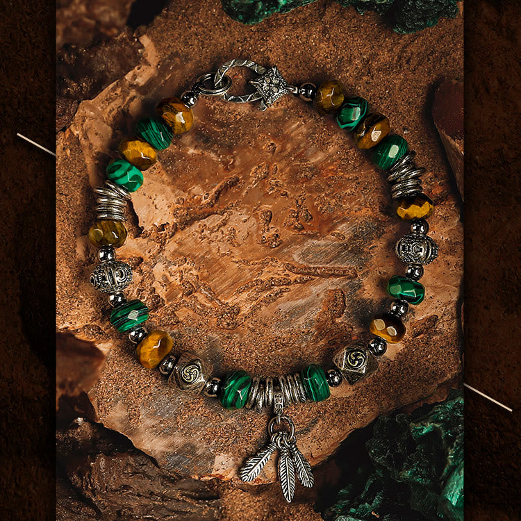 Bracelet Olivenorma pour homme avec pendentif en perles et plumes de malachite et œil de tigre