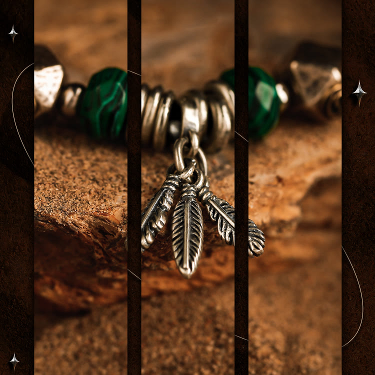 Bracelet Olivenorma pour homme avec pendentif en perles et plumes de malachite et œil de tigre