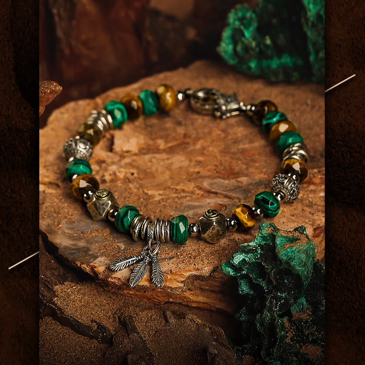 Bracelet Olivenorma pour homme avec pendentif en perles et plumes de malachite et œil de tigre