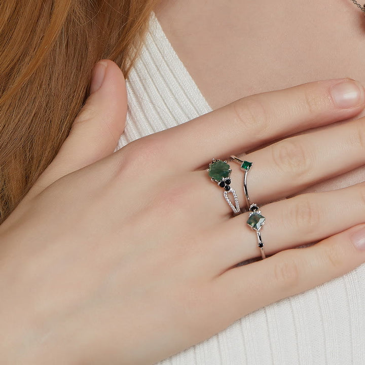 Bague en argent sterling S925 avec agate mousse carrée Olivenorma