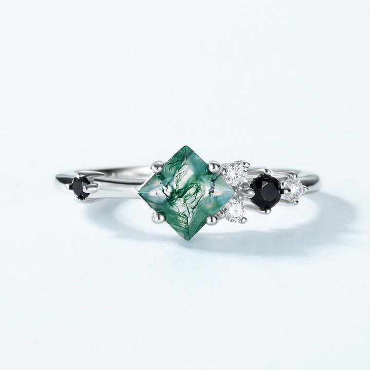 Bague en argent sterling S925 avec agate mousse carrée Olivenorma