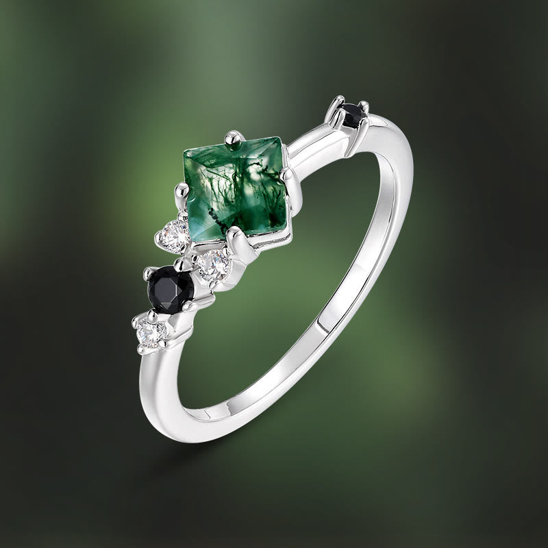 Bague en argent sterling S925 avec agate mousse carrée Olivenorma