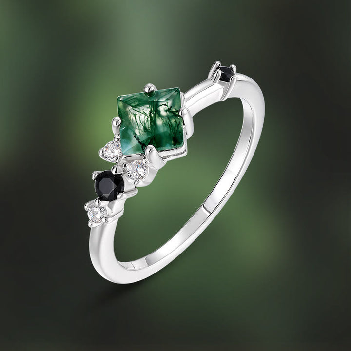 Bague en argent sterling S925 avec agate mousse carrée Olivenorma