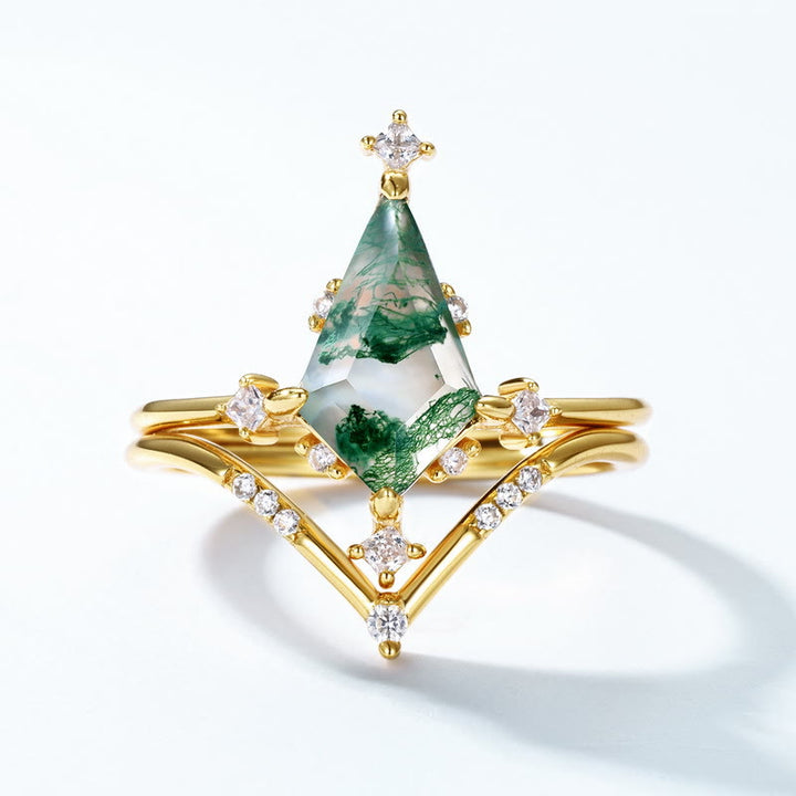 Bague en forme de couronne en agate mousse diamantée Olivenorma 2 pièces